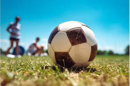 Foot on soccer ball grass. Generate, a Sports & Recreation Photo by Ylivdesign