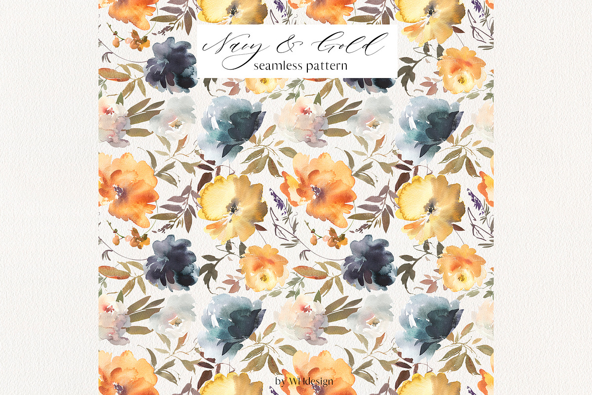 Navy Gold Yellow Watercolor Flowers, a Decorative Illustration by whiteheartdesign (Photo 5 of 6)