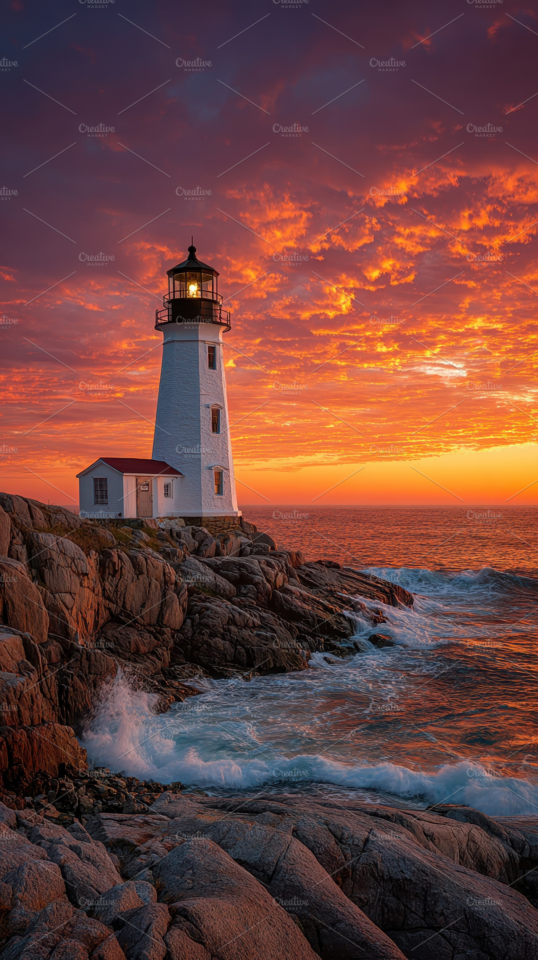 Lighthouse Sunset Dramatic Ocean Wav, a Photo by Pixeness Studio