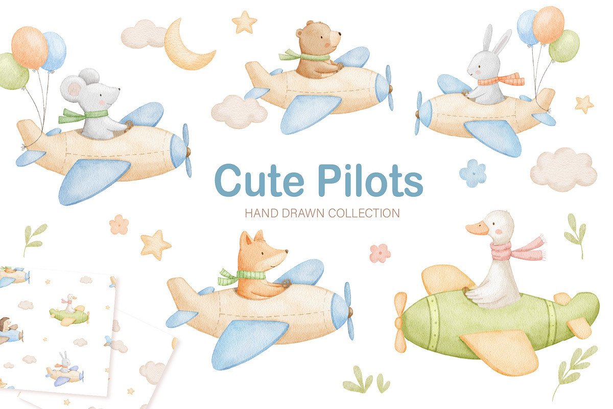 Watercolor Animal Airplane Clipart, an Animal Illustration by ElenaPlatovaArt (Photo 1 of 12)