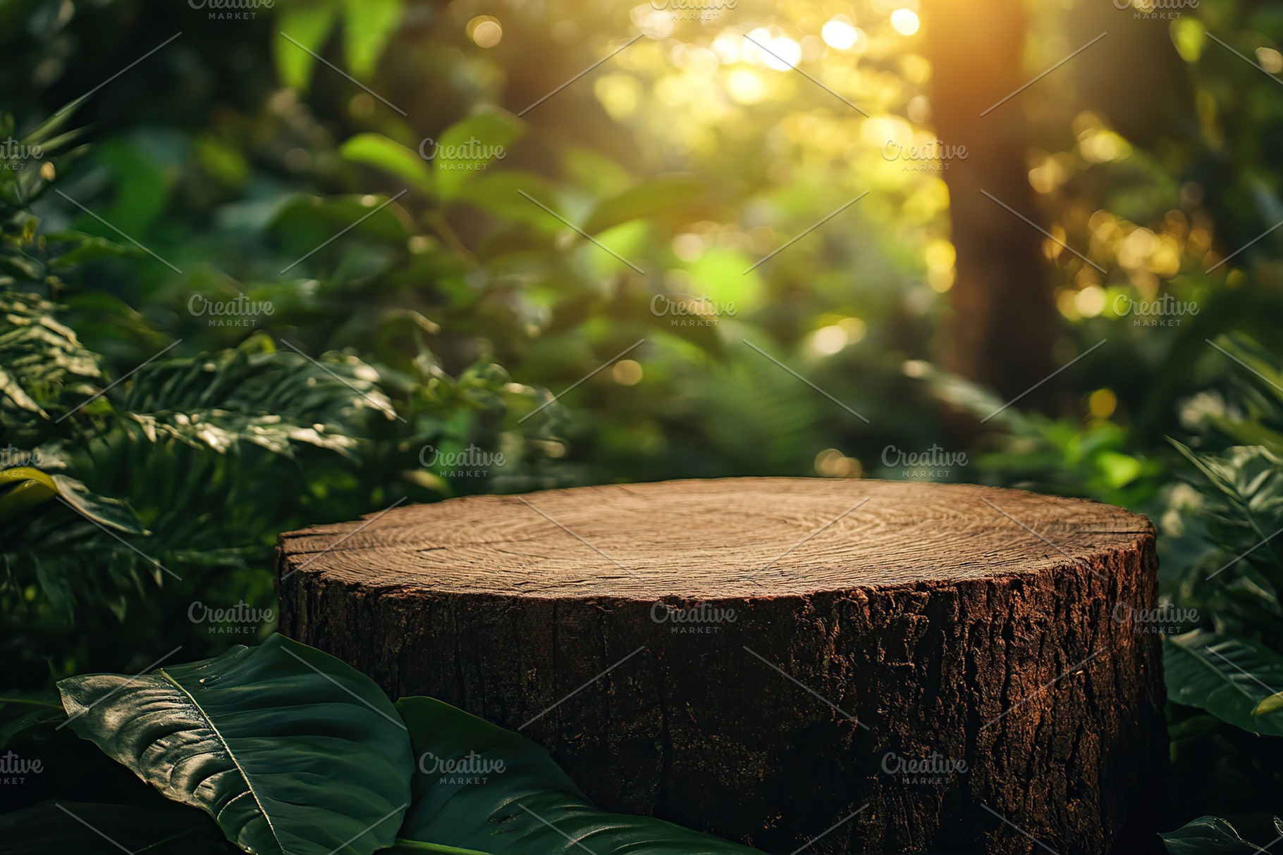 Trunk podium for product display amidst lush green foliage in a serene natural, a Nature Photo by AlyaAnd