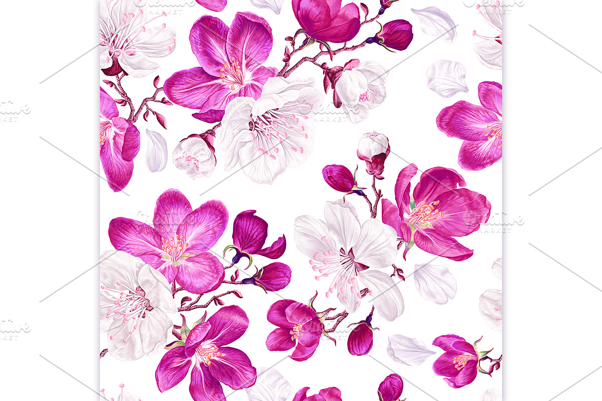 White & Pink Apple Blossom Pattern, a Pattern Graphic by MarynaPetrovska (Photo 2 of 12)