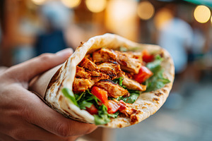 Hand holding chicken wrap with fresh vegetables, a Food & Drink Photo by AlyaAnd