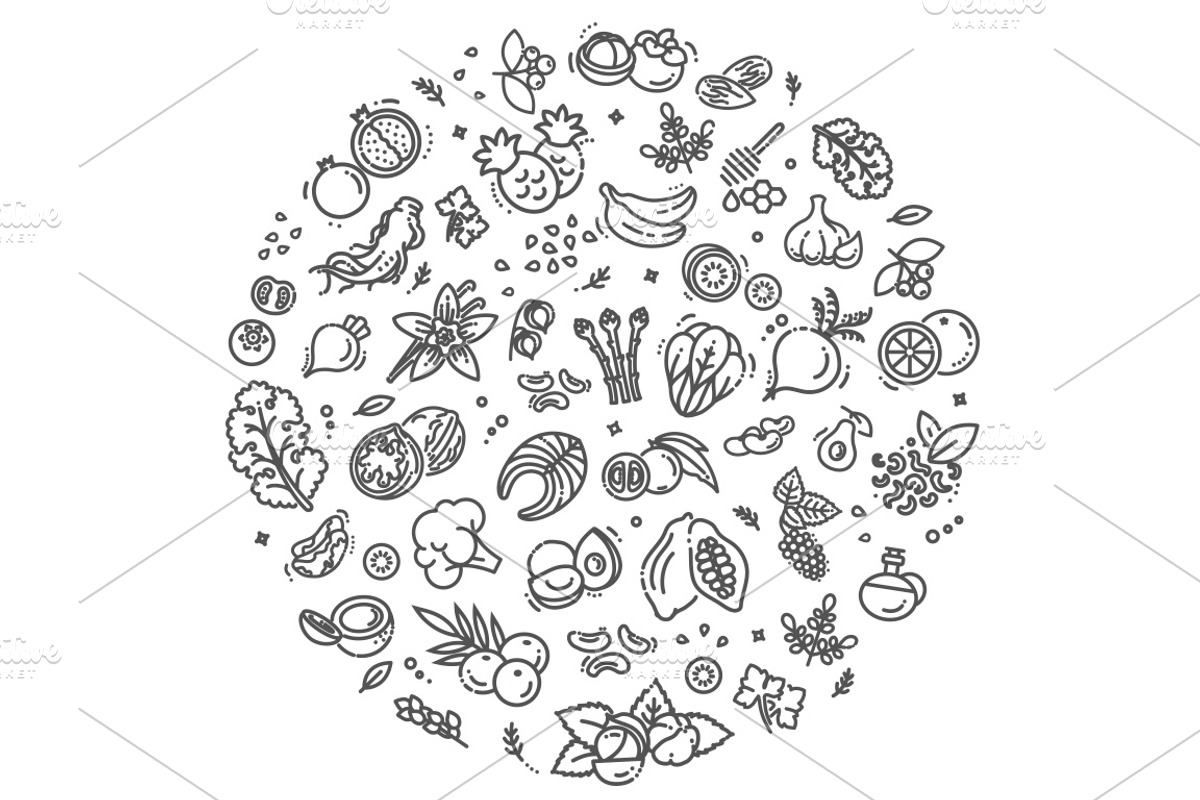 Superfoods line vector icons, a Food Illustration by Tettygreen (Photo 1 of 3)