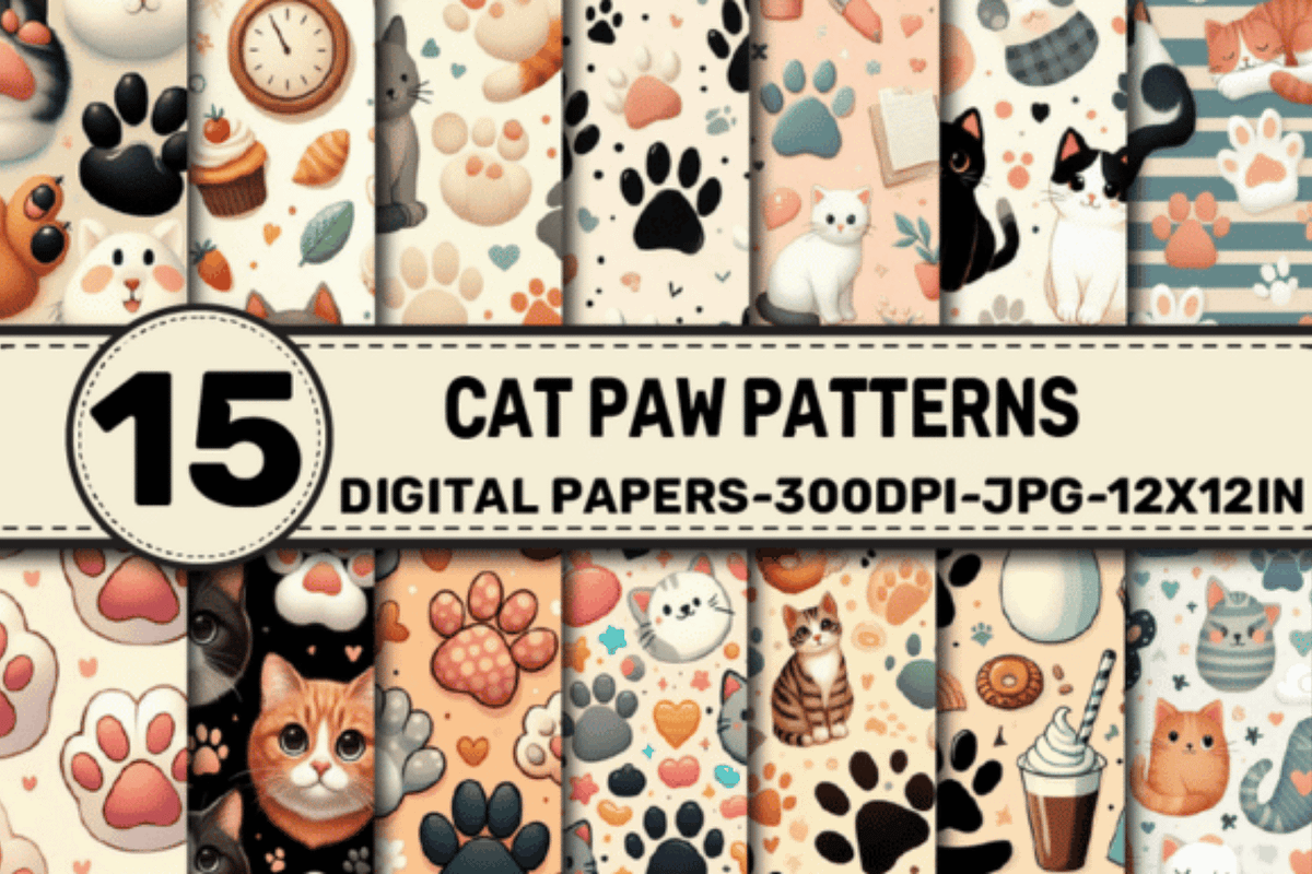 Cat Paw Patterns Digital Papers, a Pattern Graphic by Dizzy Art Studio (Photo 1 of 3)