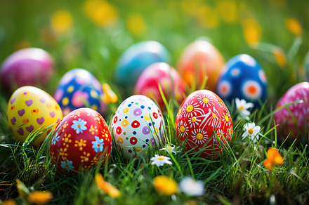 Colorful easter eggs on green grass, a Holiday Photo by AlyaAnd