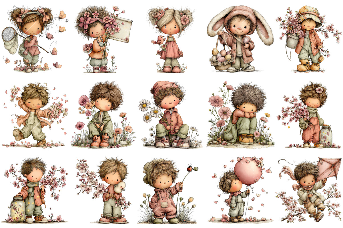 Whimsical Spring Kids Clipart, an Illustration by OK Design (Photo 3 of 6)