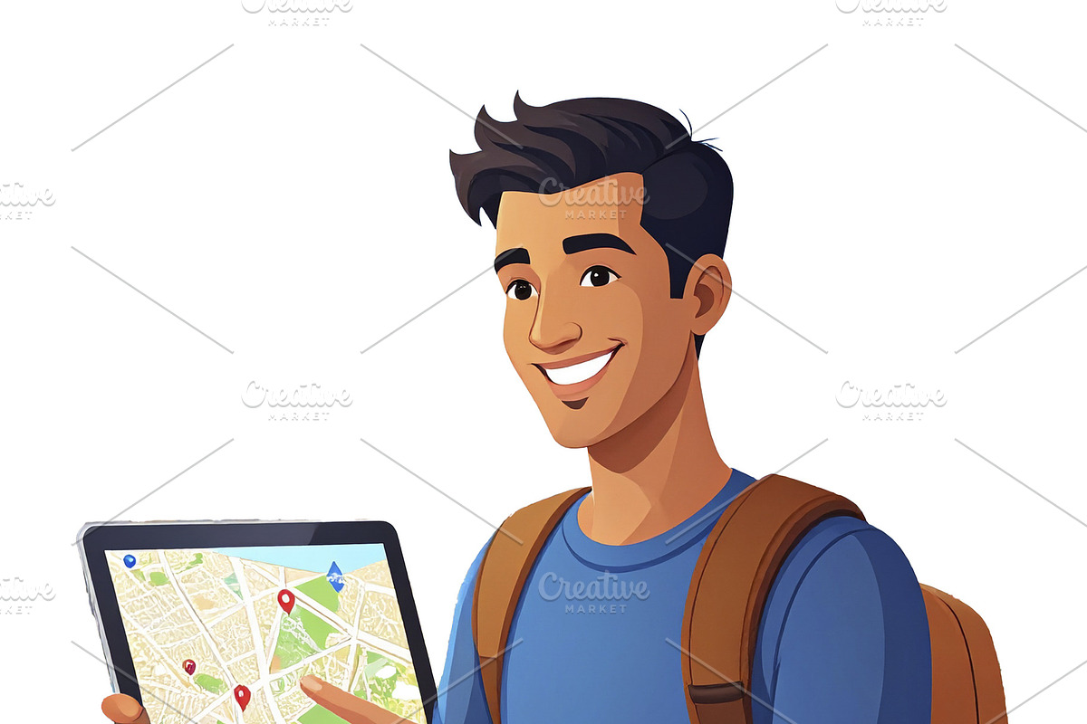 Traveler holding a tablet with map isolated graphic, an Illustration by DanFLCreativo