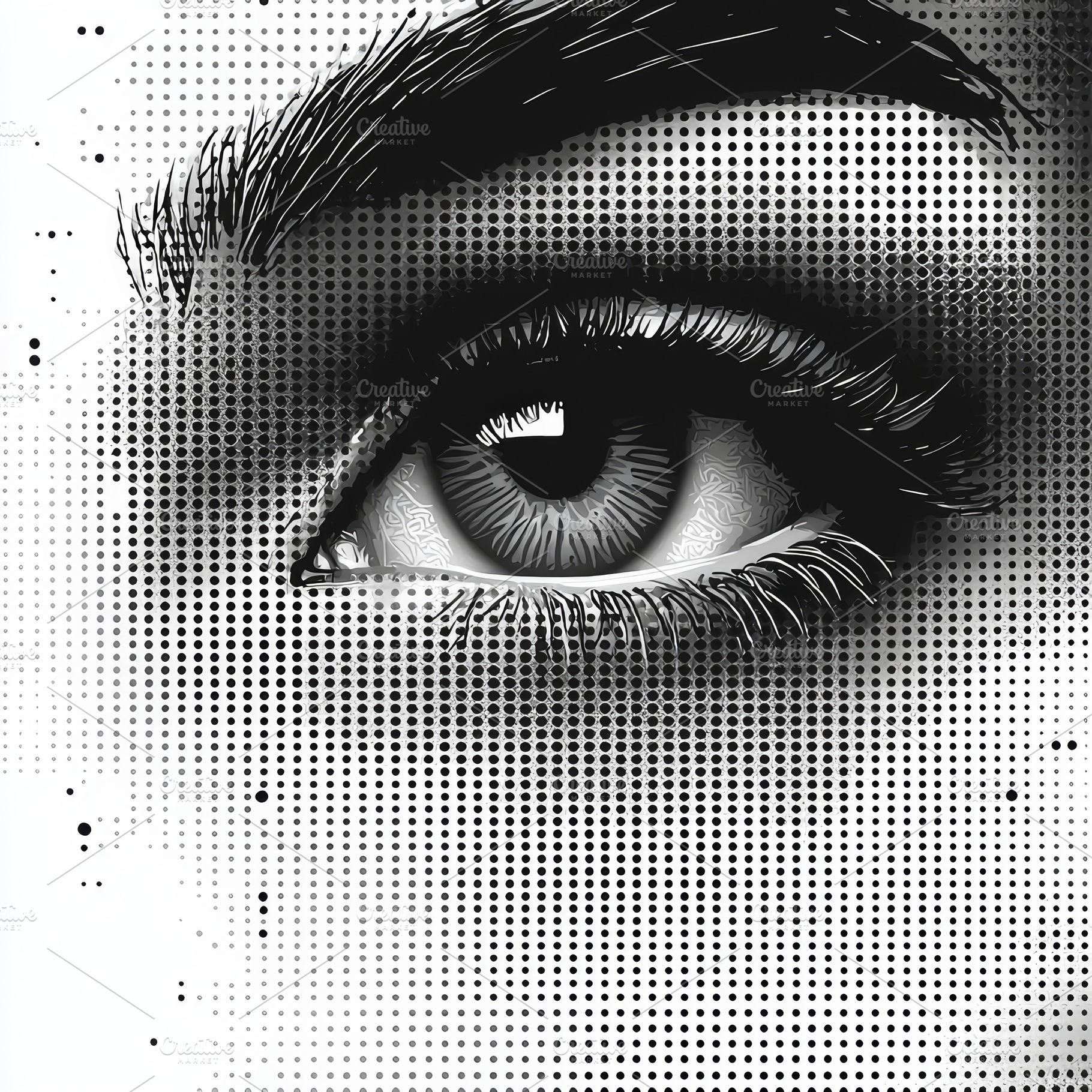 Illustration of a human eye using halftone and line drawing techniques, a Photo by AS photostudio
