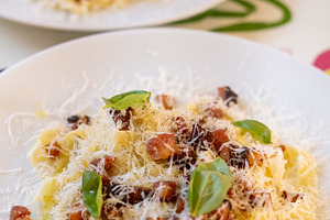 Spaghetti plate italian cuisine carbonara green, a Food & Drink Photo by Photo Drive Studio