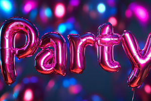 Metallic Gold Balloon Letters Spelling Party with Neon Backgroun, an Abstract Photo by Natalia Klenova's Shop