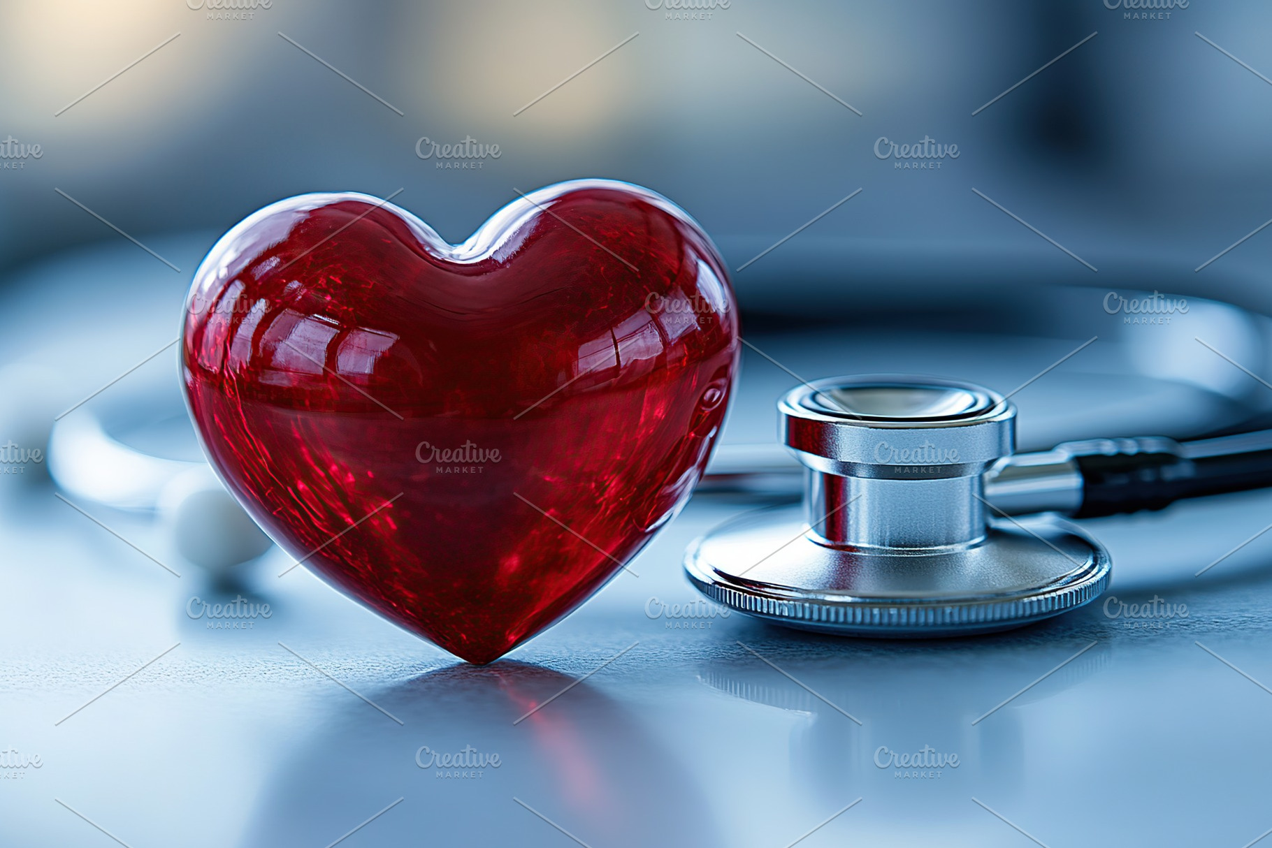Red heart with stethoscope on blurred background, a Health & Medical Photo by AlyaAnd