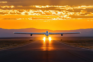 Airplane off on runway at sunset, a Photo by Pavel_design