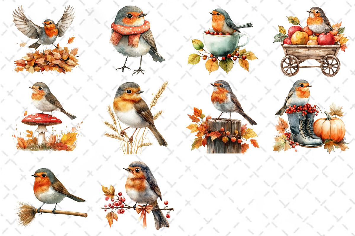 Watercolor Robin Birds Clipart, Fall, an Illustration by Dream Creation (Photo 4 of 4)