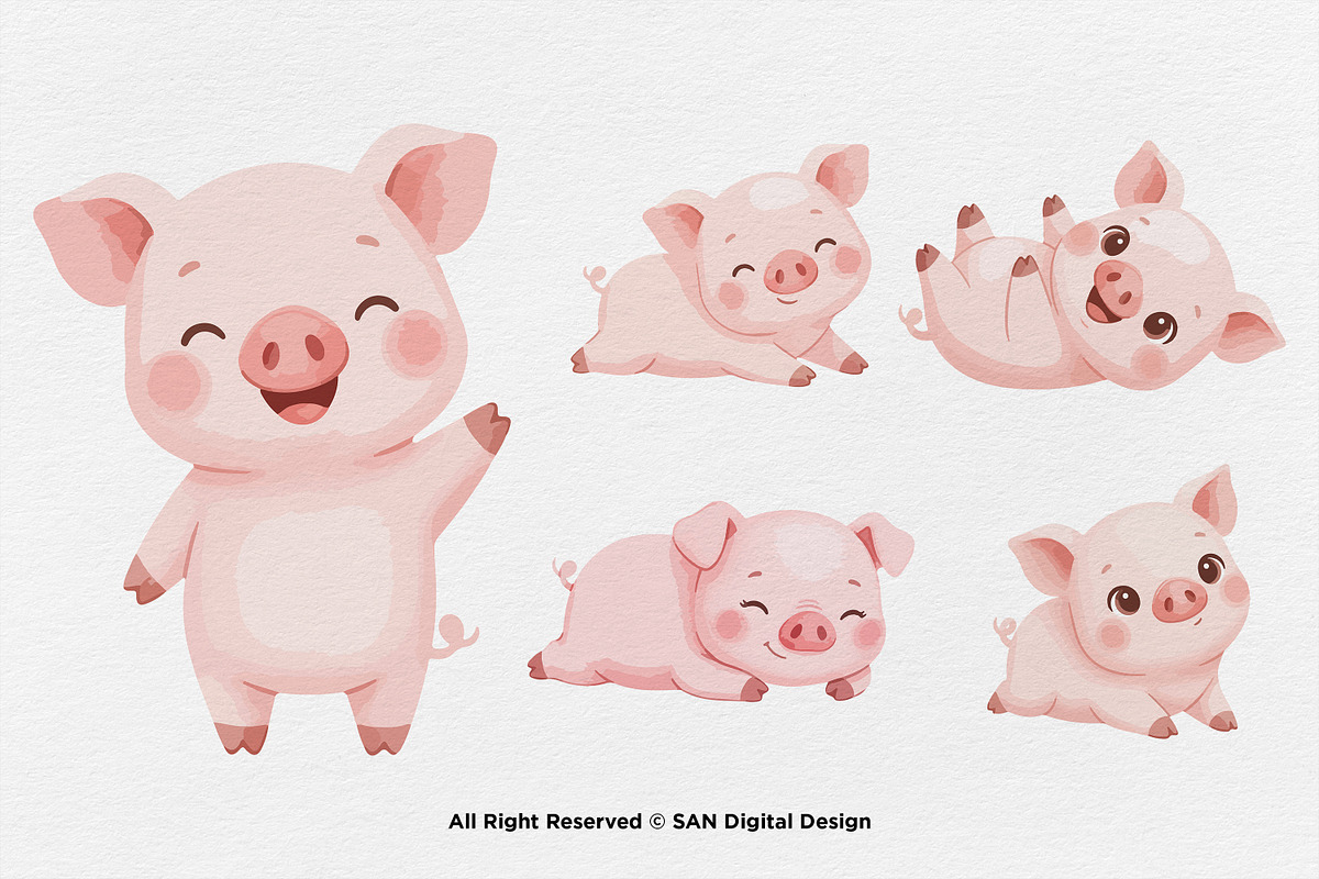 15 Bundle Watercolor Cute Pig Pink, an Animal Illustration by Morspective (Photo 6 of 8)