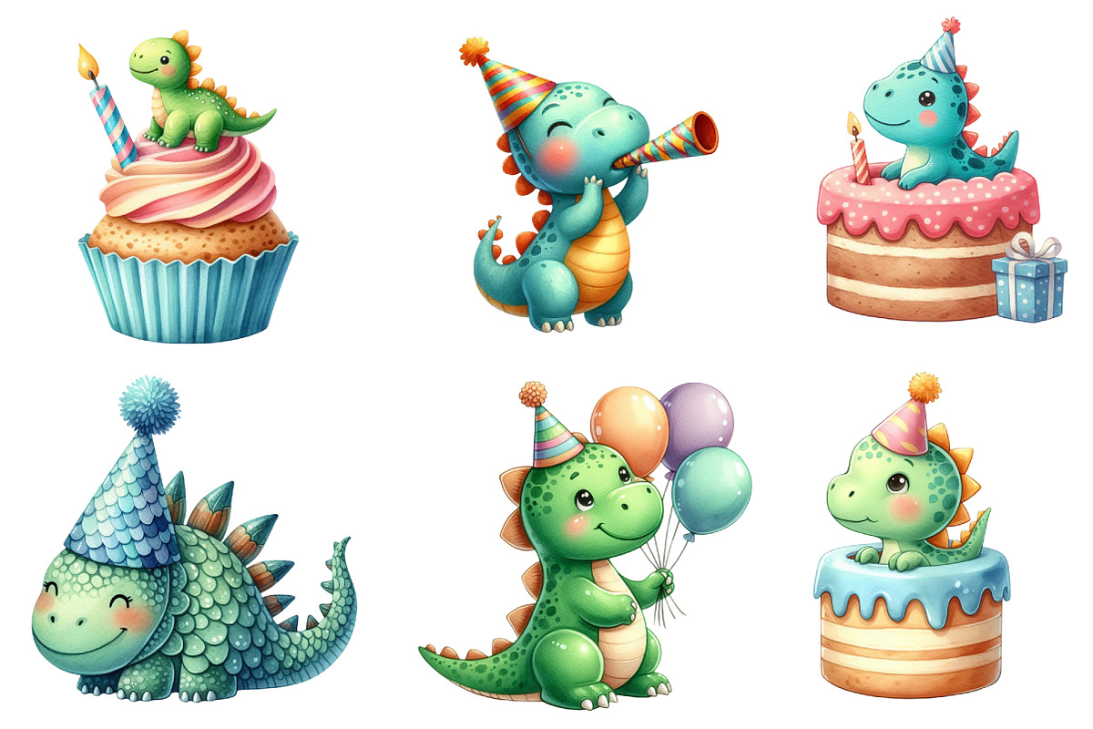 Cute Watercolor Dinosaur Birthday, an Illustration by Designworld (Photo 4 of 6)