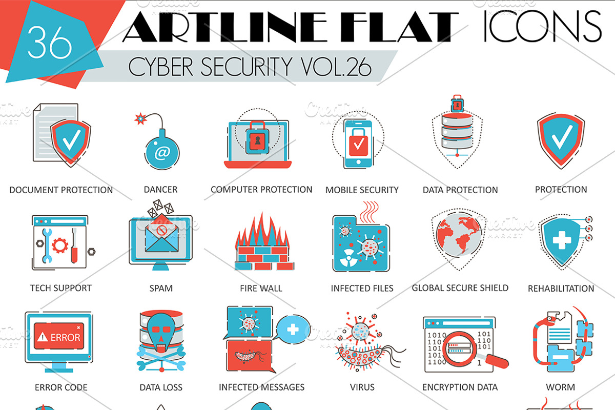 36 Cyber security flat line icons, an Outline Icon by Lemberg Vector