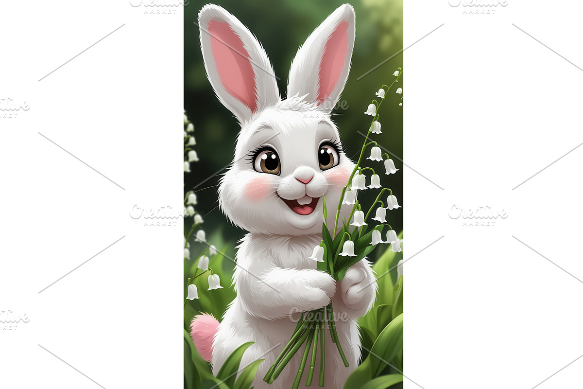 Cute white bunny holding a bouquet, an Illustration by tilialucida