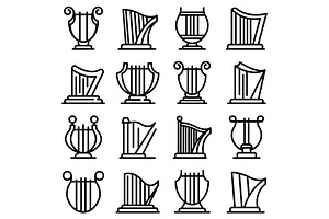 Harp Icons Set, Outline Style