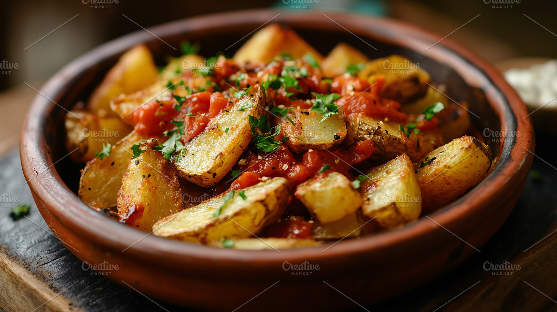 Roasted patatas bravas served with, a Food & Drink Photo by MistyDay
