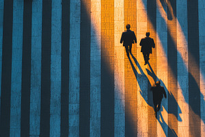 Businesspeople walking across a pedestrian crossing during sunset with long sha, a Person Photo by AS photostudio