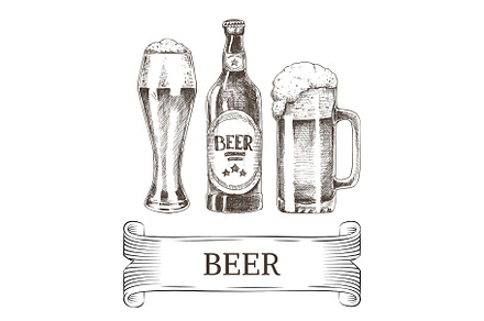 Beer Bottle and Mugs Icons Set