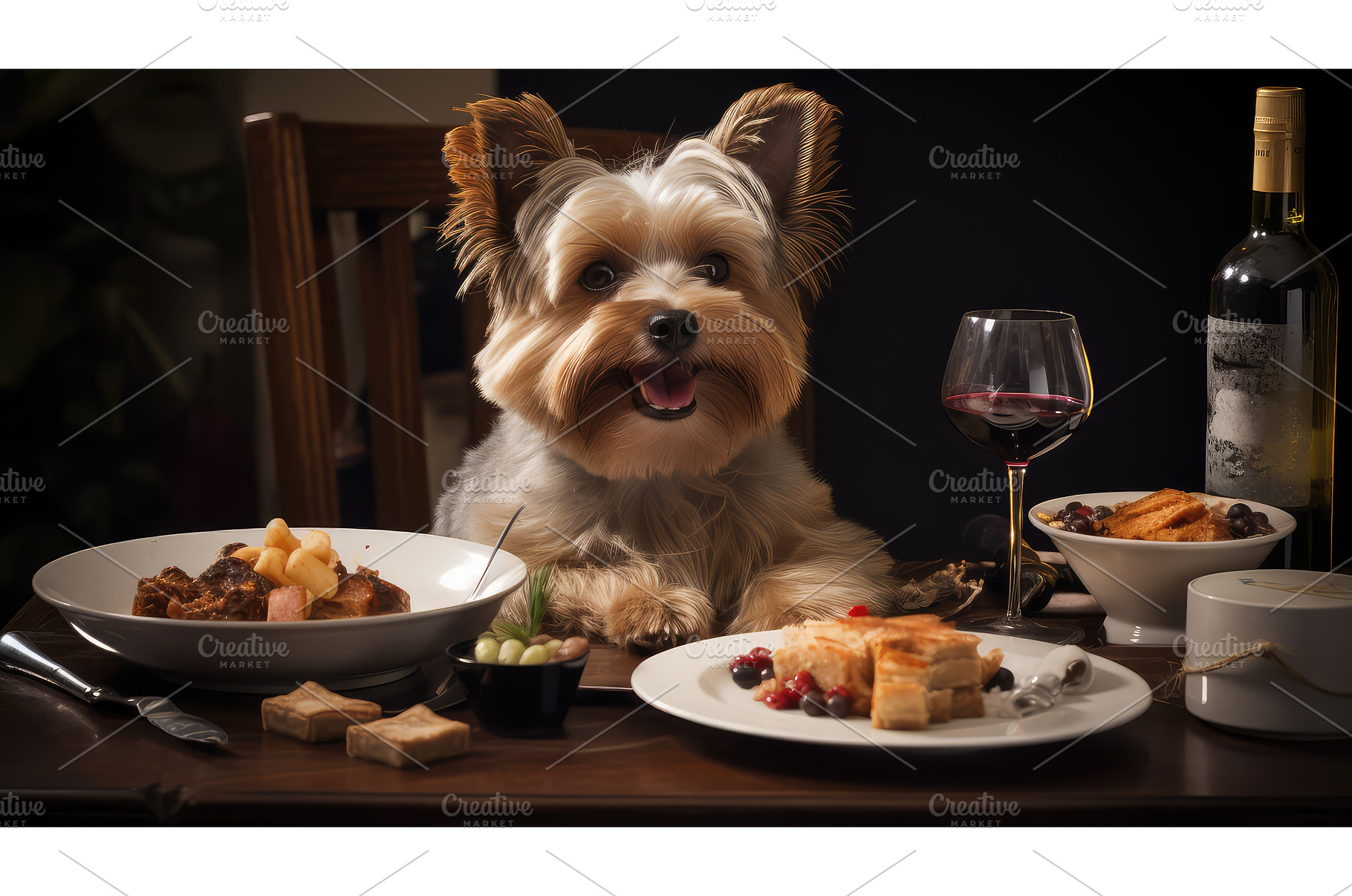 excited dog table food ai generated, an Animal Photo by pikepicture