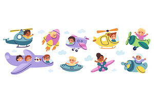 Children in flying vehicles. Kids, a Transportation Illustration by YummyBuum