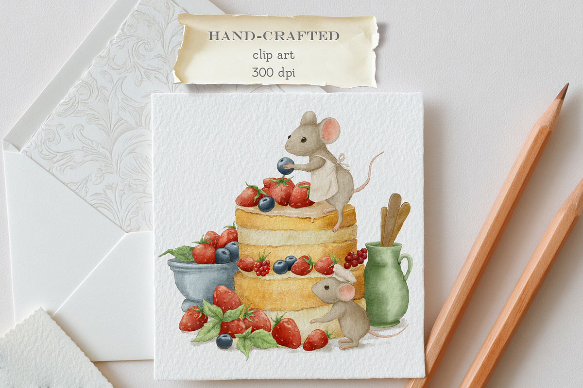 Mice and Birthday Cake Clipart&Card, an Illustration by AlenaVlasko stock Market (Photo 2 of 5)