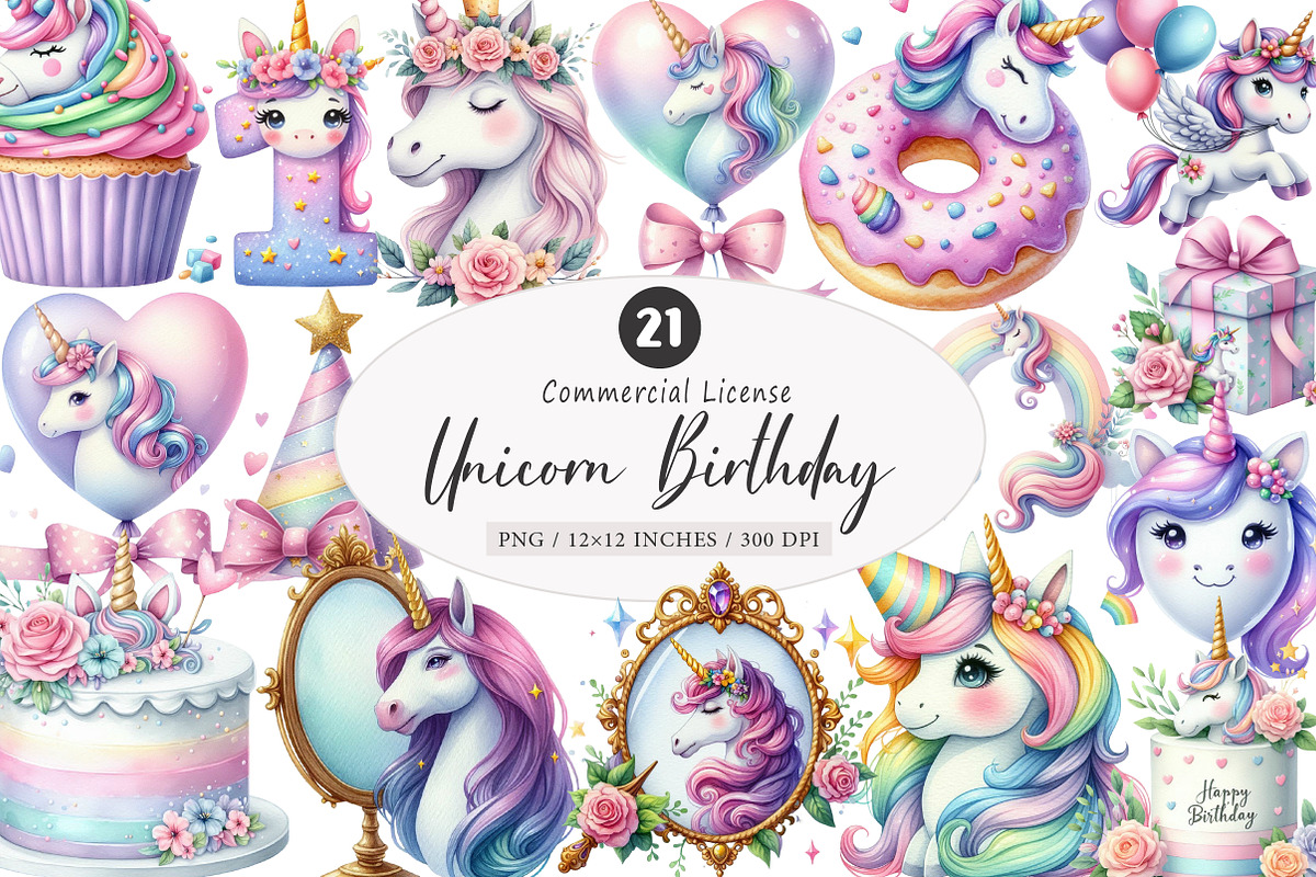 Watercolor Unicorn Birthday PNG, an Illustration by SinaCreation (Photo 1 of 5)