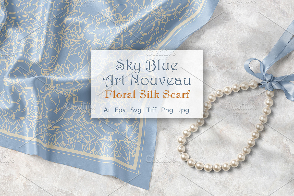 Sky Blue Art Nouveau Silk Scarf, an Object Graphic by ilustrinna (Photo 1 of 8)