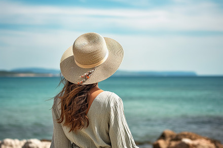 Woman in summer hat looking at the sea. Happy freedom lifestyle. Generative AI, a Person Photo by AlyaAnd