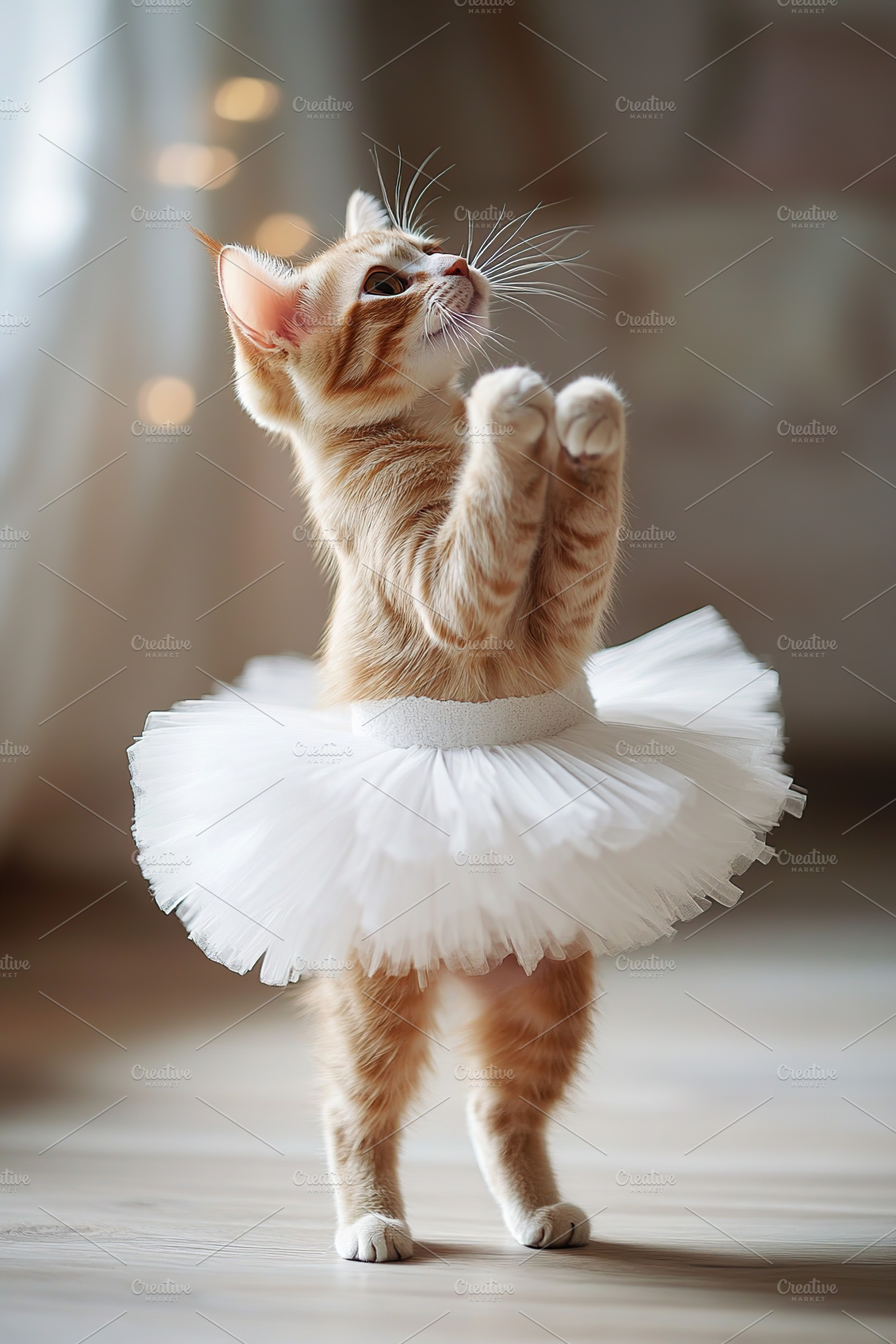 Ginger cat joyfully standing on hind legs in a playful tutu, an Animal Photo by AlyaAnd