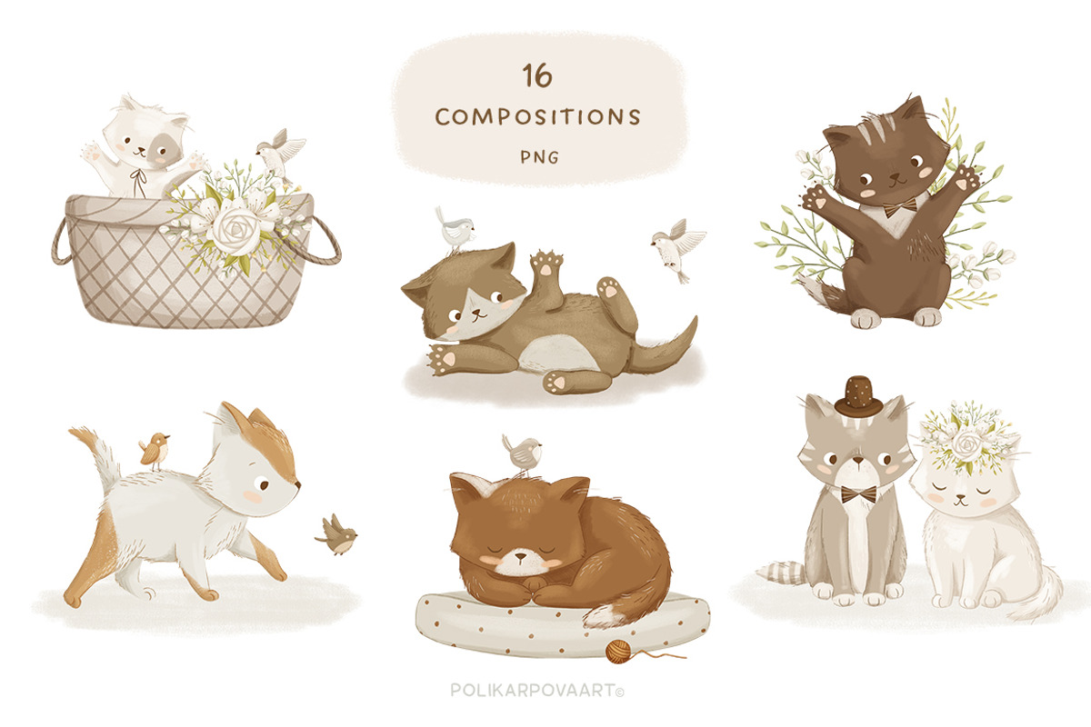 Floral kittens - clipart & patterns, an Animal Illustration by polikarpovaart (Photo 3 of 15)