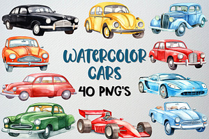 Watercolor Cars Clipart Set, 40 PNG, an Illustration by CropUp Creative