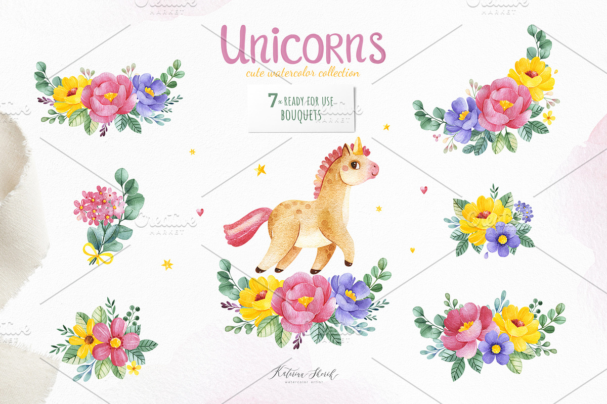 Unicorns.Cute watercolor collection, an Animal Illustration by Kate_Rina (Photo 6 of 16)