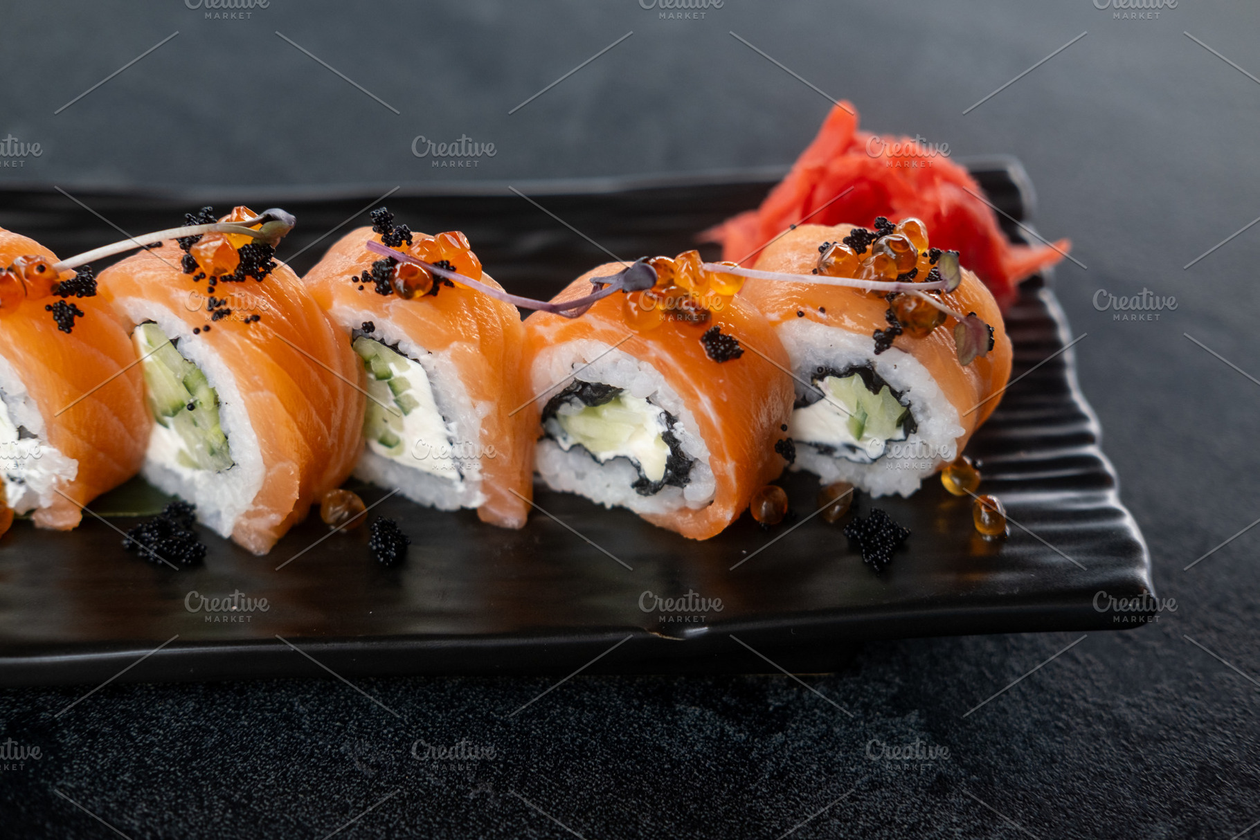 Seafood cuisine philadelphia set ginger sushi roll, a Food & Drink Photo by Photo Drive Studio