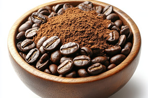 Wooden bowl filled with coffee beans, a Food & Drink Photo by Pixeness Studio