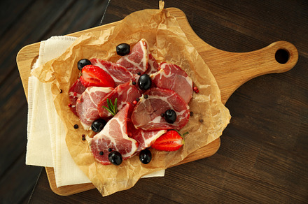 Concept of delicious food with jamon, top view, a Food & Drink Photo by AtlasStudio PRO