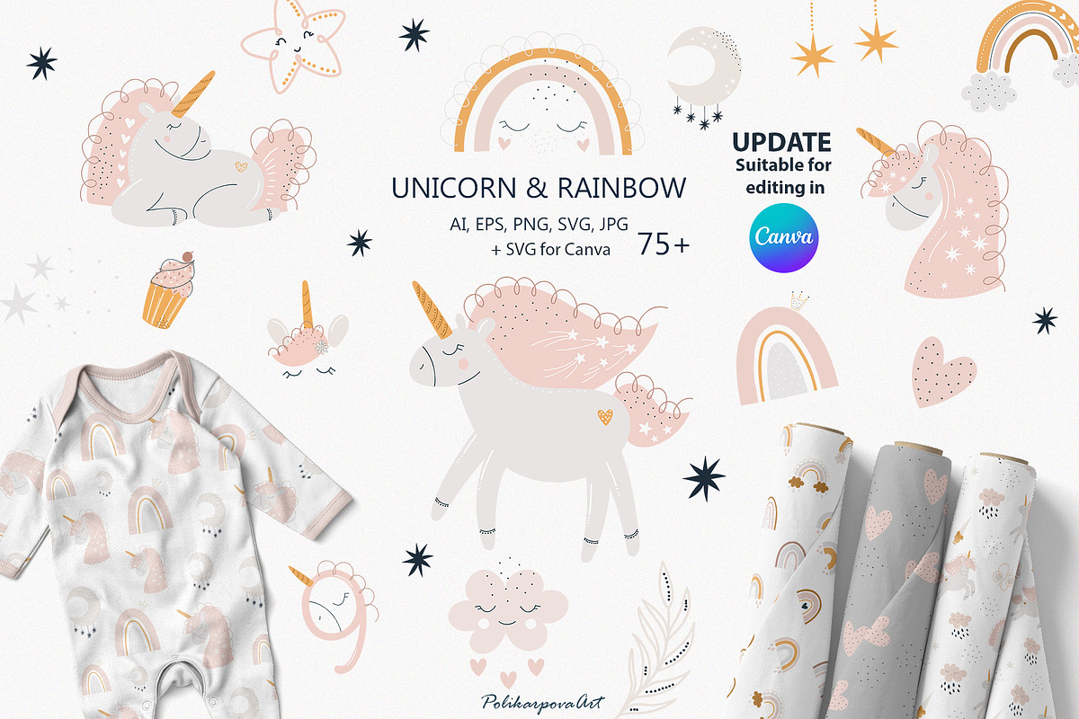 Pink Unicorn and Rainbow for kids, an Animal Illustration by polikarpovaart (Photo 1 of 11)