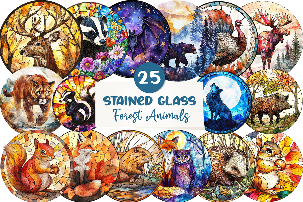 Round Stained Glass Forest Animals, an Illustration by CreationArt (Photo 1 of 5)