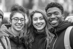 Black and white portrait of multicultural college students near university buil, a Person Photo by AlyaAnd