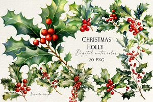 Christmas Holly Watercolor Clipart, a Decorative Illustration by Vasmila