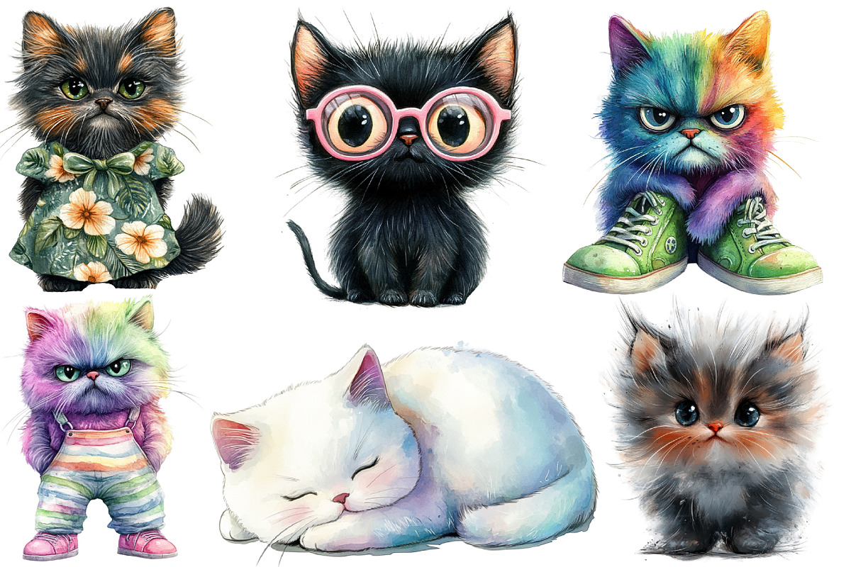Watercolor Whimsical Cat Clipart, an Illustration by Designworld (Photo 5 of 6)