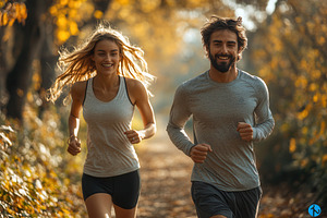 Couple jogging together in a sunlit, a Photo by Tanuart