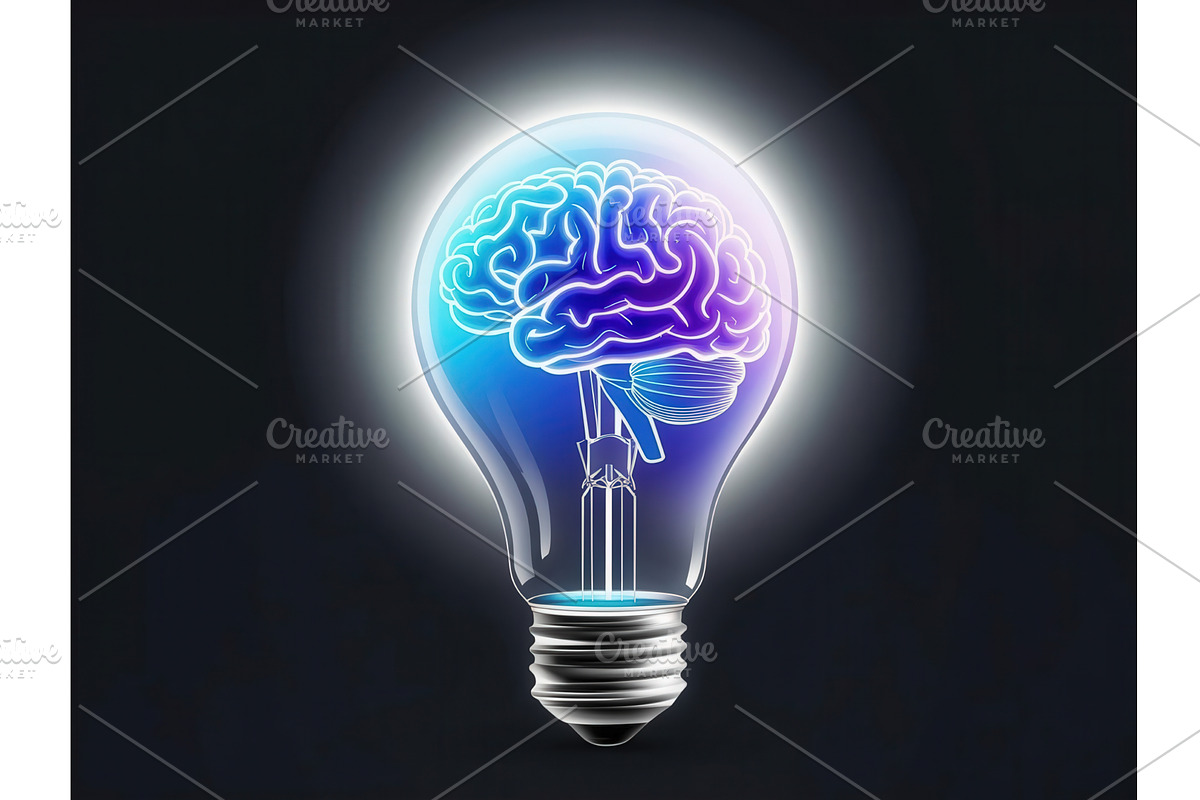Glowing light bulb with a neon brain, an Illustration by tilialucida