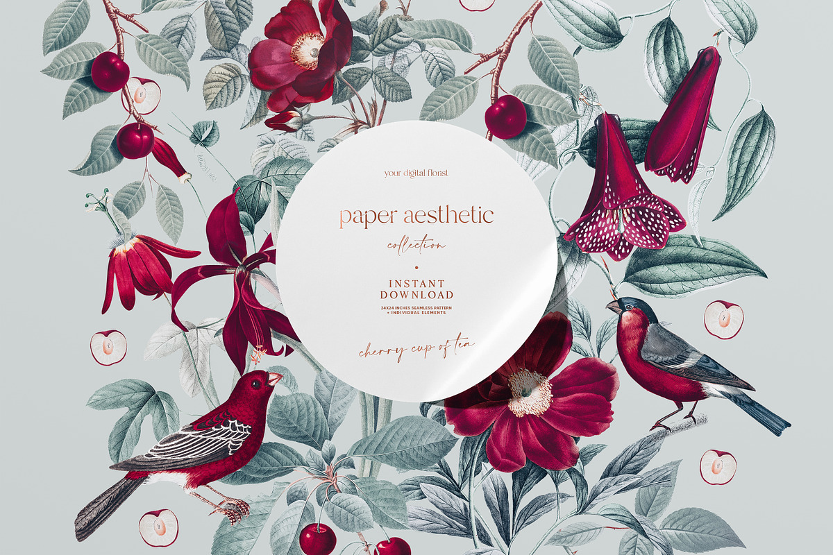 Cherry Rose Sage Floral Pattern, a Pattern Graphic by paper aesthetic (Photo 1 of 9)