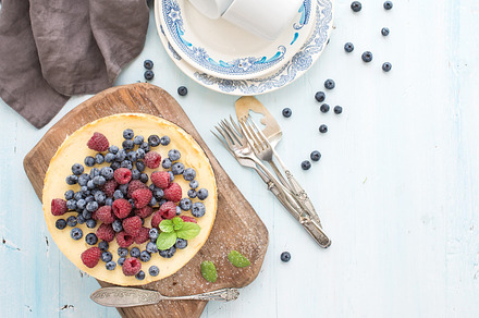 Cheesecake with fresh raspberries containing cheesecake, cake, and berry, a Food & Drink Photo by Foxys