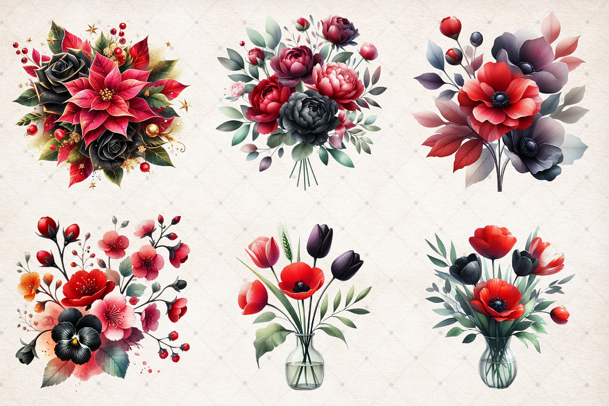 Red & Black Flower Bouquets Clipart, an Illustration by SinaCreation (Photo 2 of 4)