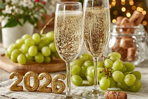 Two champagne glasses with bubbles, green grapes, corks, and gol, a Holiday Photo by José Manuel Gelpi